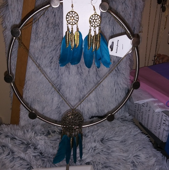 Jewelry - Sold With Blue Feathers Necklace and Earring Set